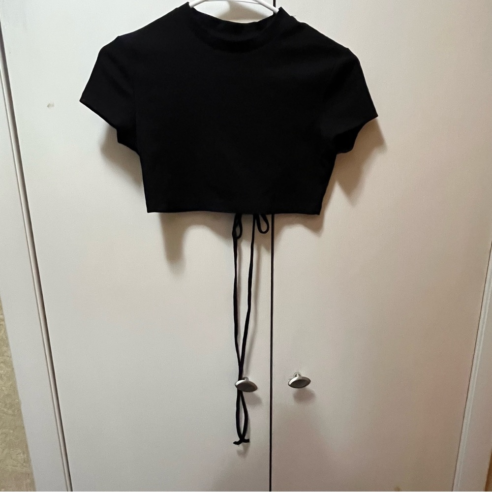 SHEIN Black Wrap Around Tie Ribbed Crop T-Shirt